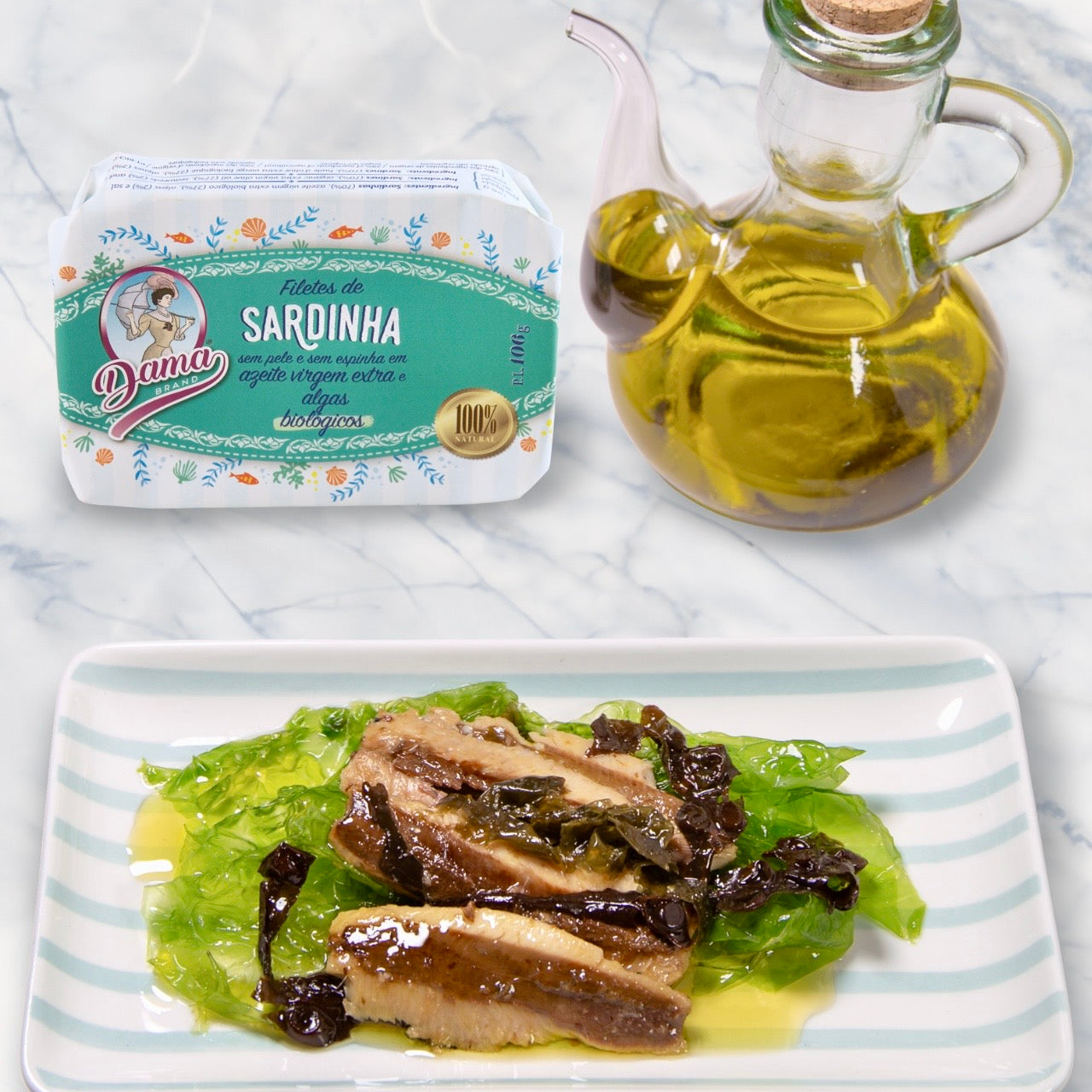 Sardine fillet in organic extra virgin olive oil with seaweed, skinless & boneless (BIO) | Dama