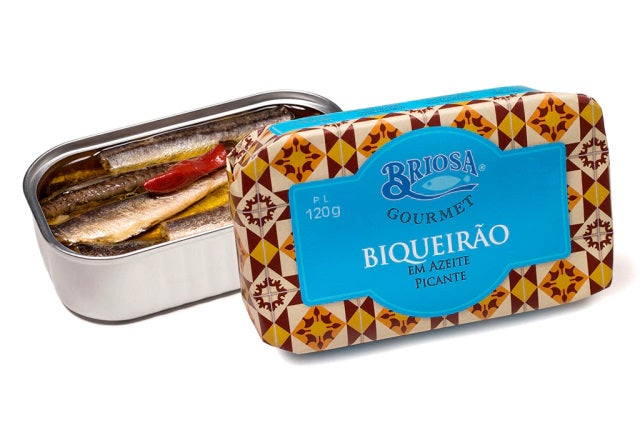 Whole Anchovies in Spicy Olive Oil by Briosa Gourmet with Piri-Piri pepper in an open can
